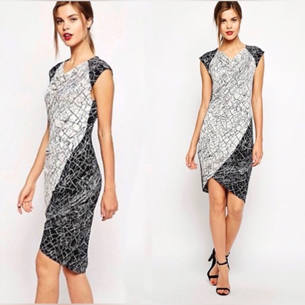 BCBGMAXAZRIA Tiffanie Black White Marble Print Asymmetrical Midi Dress M